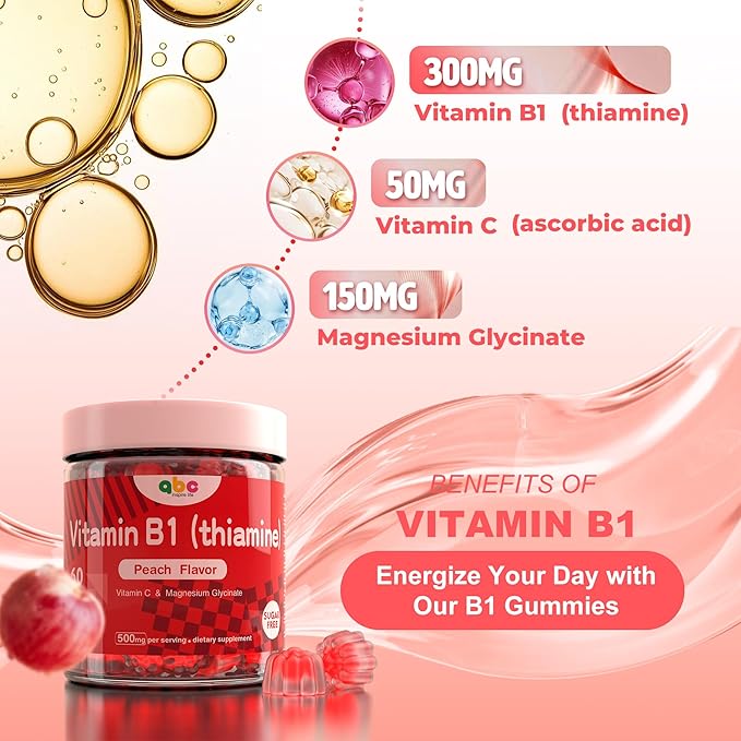 Vitamin B1 Gummies 300mg for Adults & Kids,Chewable Thiamine B1 Supplement with 150mg Magnesium,Nervous System Healthy Energy,Natural Peach Flavor,Non GMO,Vegan 60 Count Sugar-Free 1-Month Supply