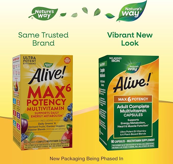 Nature's Way Alive! Max6 Potency Adult Complete Multivitamin, Vitamins A,C, E & B-Vitamins Including Methyl B12 & Folate, Supports Energy Metabolism*, No Added Iron, 90 Capsules (Packaging May Vary)