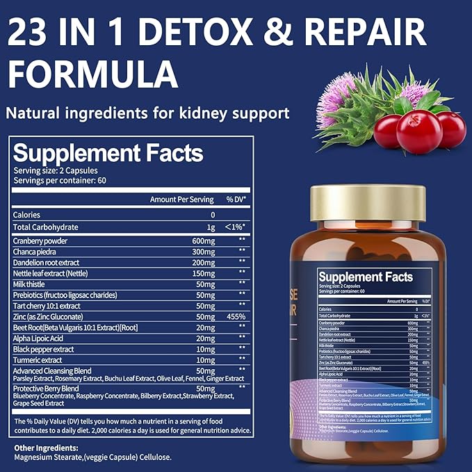 Kidney & Liver Cleanse Detox & Repair Capsules, Chanca Piedra & Cranberry Pills for Liver Kidney Support Supplement Extra Strength for Stones Dissolver, Urinary Tract Health for Woman