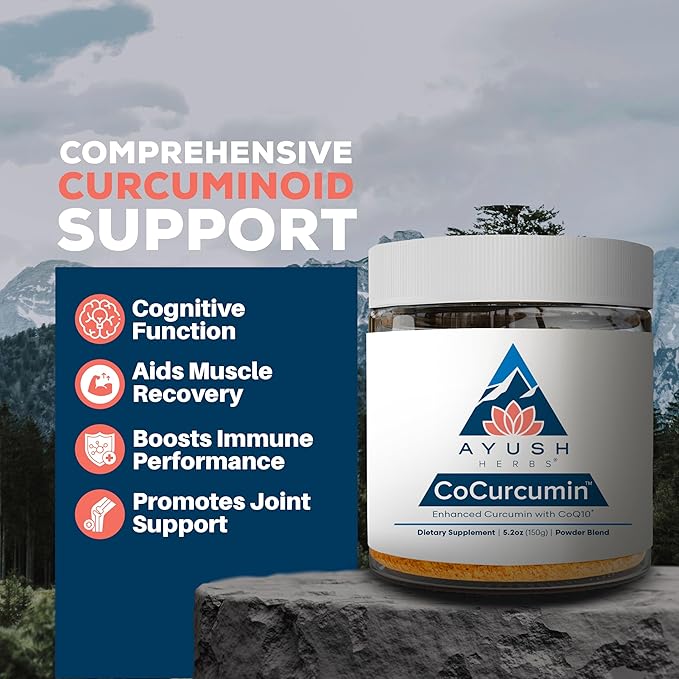 Ayush Herbs CoCurcumin - Turmeric Powder, Curcumin Powder with Black Pepper, CoQ10, MCT Oil for Glowing Skin, Joint, Muscle, and Gut Health - 4.2 Oz Jar (30 Servings)