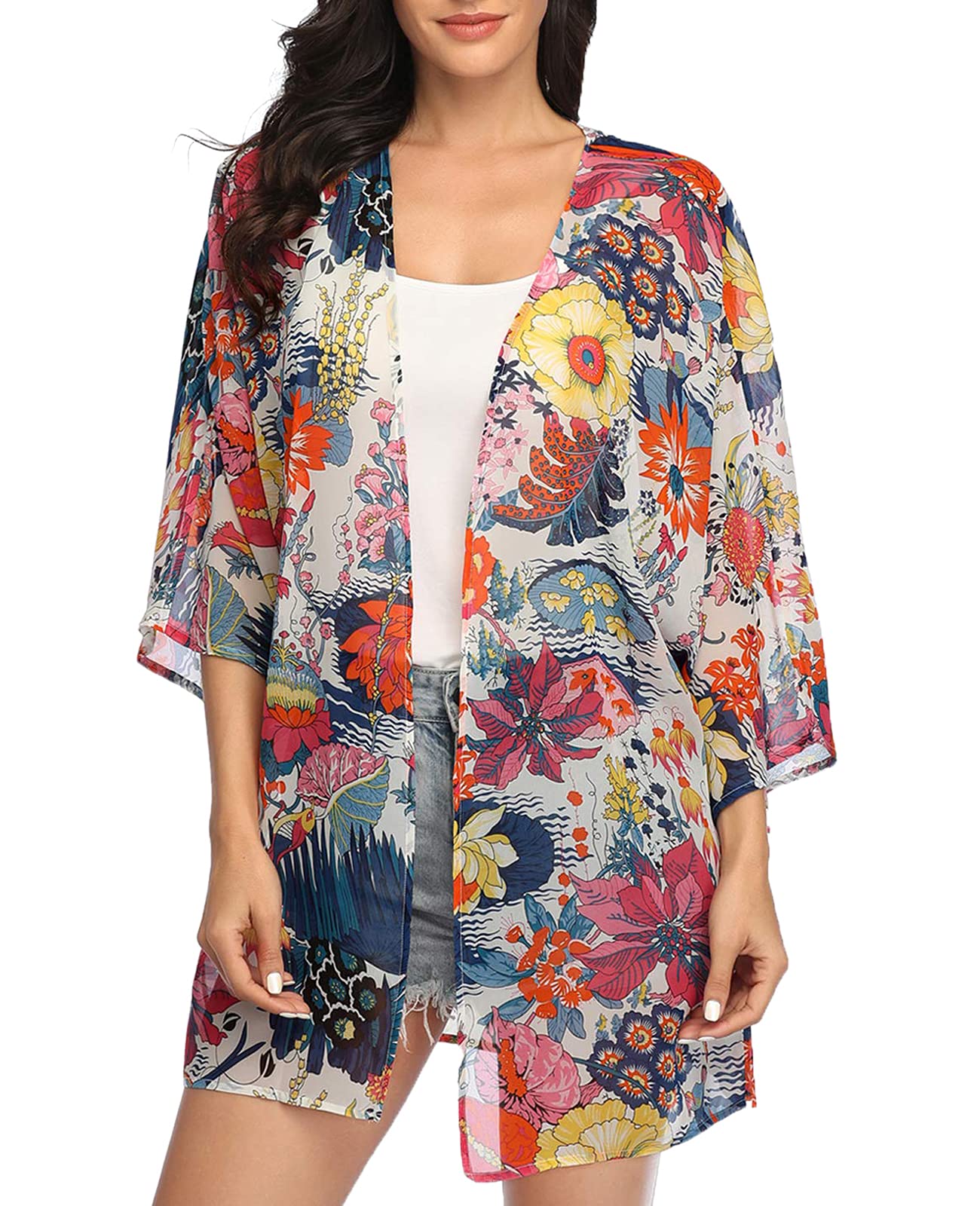 KirGiabo Women's Floral Print Kimonos Loose Tops Half Sleeve Shawl Chiffon Cardigan Blouses Casual Beach Cover Ups,A-Colorful,L