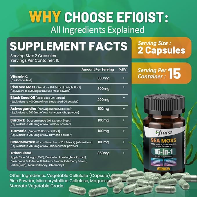 Sea Moss Black Seed Oil Ashwagandha Ginger & Burdock Root Turmeric Bladderwrack Chlorophyll ACV Supplement 30 Count