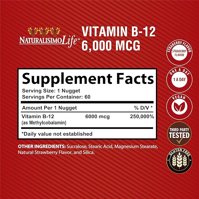 Vitamin B12 6,000 mcg Maximum Strength Fast Acting Formula Strawberry Flavor Nuggets Promotes Energy Production Supports The Nervous System 60 Nuggets Once a Day