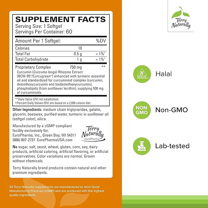 Terry Naturally CuraMed 750mg - Antioxidant Supplement for Brain & Heart Health - Supplement with High-Potency Curcumin Complex - Kidney, Liver & Immune Health Support - 60 Softgels (Pack of 2)