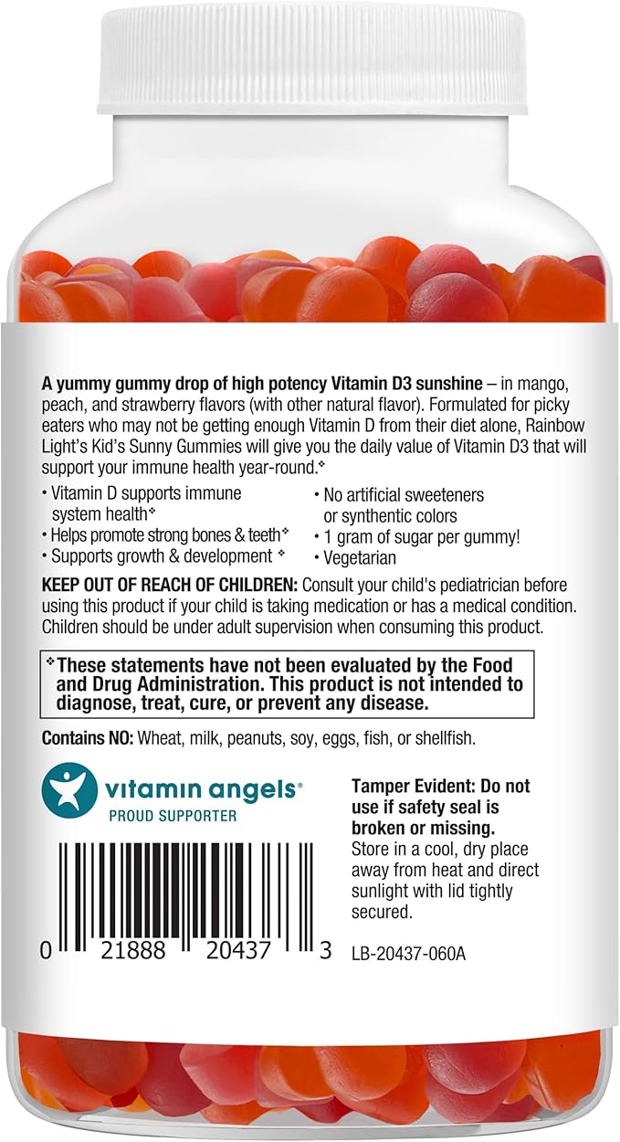 Rainbow Light Kid's Sunny Gummies Vitamin D3 1000 IU Gummy Supplement, Assorted Fruit Flavor, 60 Count, 1 Bottle