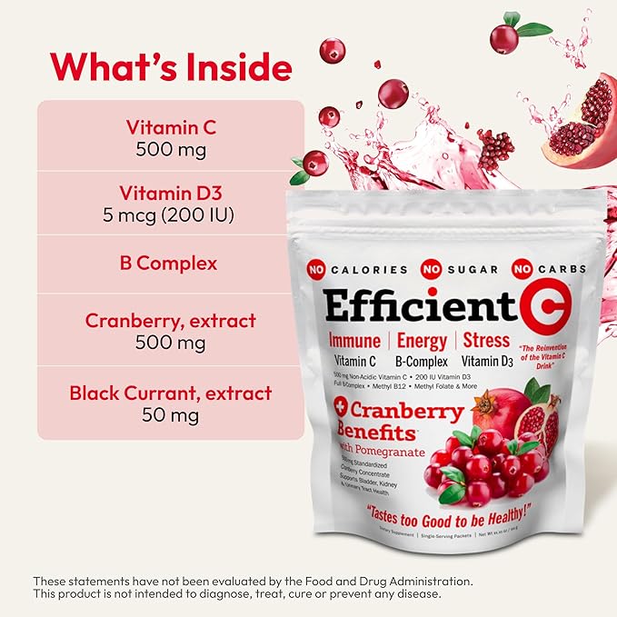 ANDREW LESSMAN Efficient C + Cranberry Benefits 90 Packets - Immune, Energy, Stress and Urinary Tract Support. Reinvention of The Vitamin C Drink. No Calories. No Sugar. No Carbs. Easy to Mix.