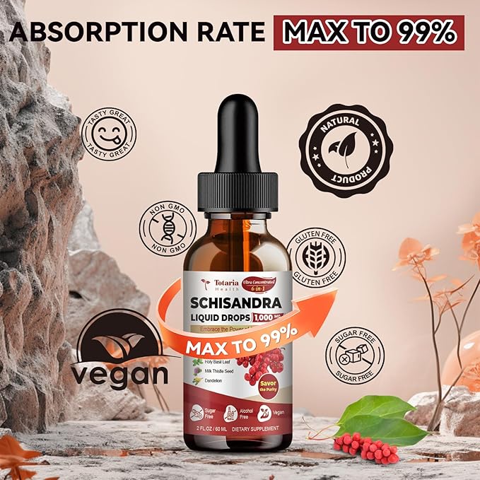 Schisandra Supplement 6-in-1 Schisandra Berry Drops with Rhodiola Rosea, Ashwagandha, Holy Basil, Milk Thistle, Dandelion Root Adaptogen for Mood Stress Liver Health 2Fl.Oz