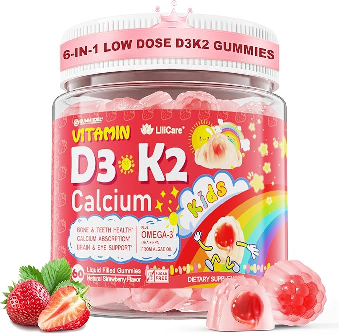 Vitamin D3 K2 Filled Gummies for Kids & Adults, 1000IU/2000IU D3 + K2(MK-7) with Calcium, Magnesium & Algal Omega 3(EPA/DHA) for Bones, Teeth, Muscles, Brain, Low-dose Vitamins, Sugar-Free, 60 Chews