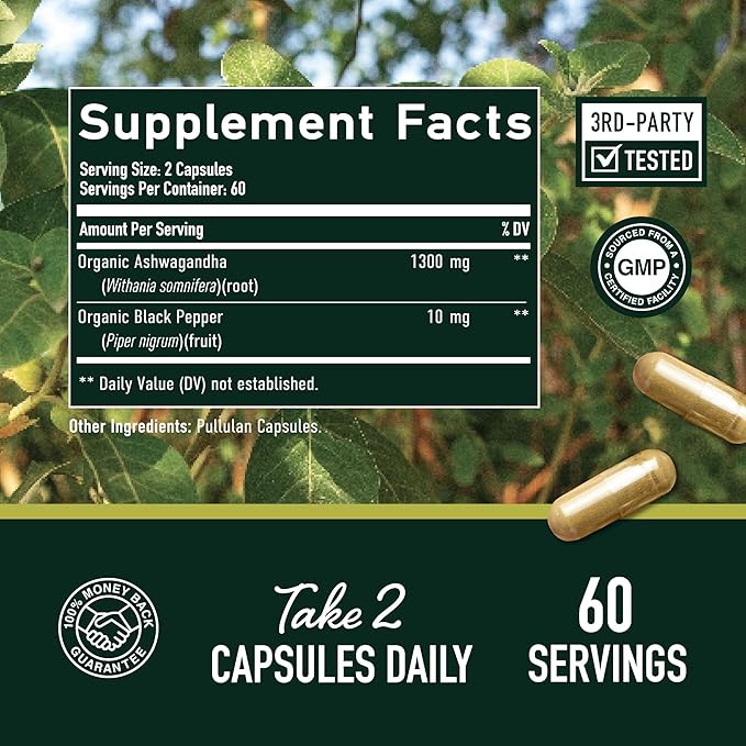 Ashwagandha Supplement 1300mg for Stress Resistance & Energy Boost | High Absorption Adaptogen from Root Powder with Black Pepper | Stress-Related Fatigue Support | Non-GMO | 120ct, 2-Month Supply