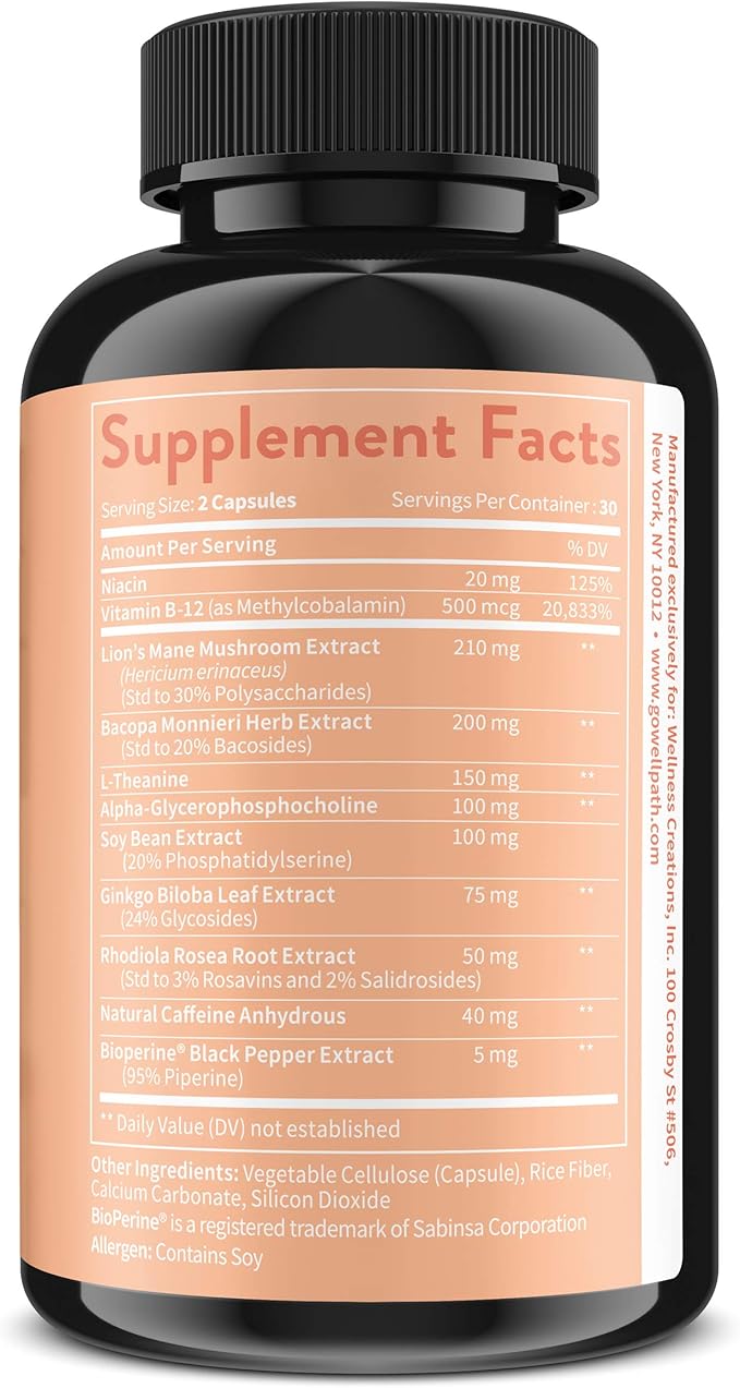 WellPath Mind Brain Supplement for Memory and Focus with Lion's Mane | Ginkgo Biloba and L-Theanine for Long Term Cognitive Support | Vegan, Non-GMO, 60 Ct
