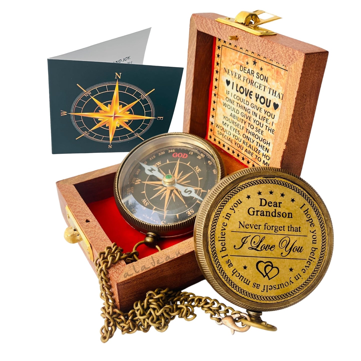 Gift for Grandson Brass Compass Engraved Quote | Memory Present to My Grandson Birthday, Baptism, Graduation, Confirmation, Love, Gift idea by Grandpa Grandma (Dear Grandson)