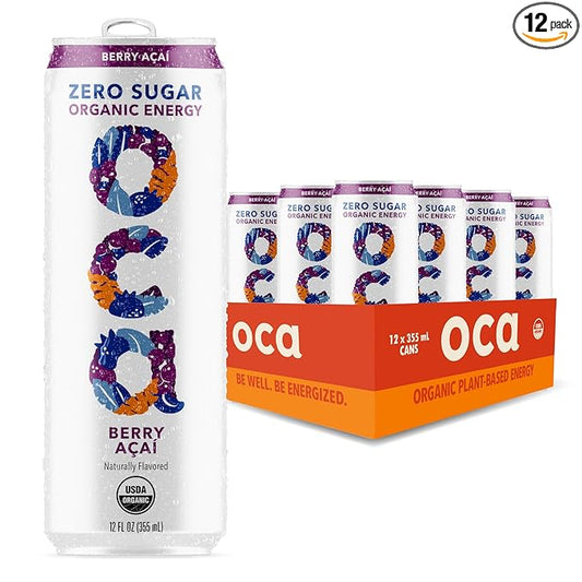 OCA ZERO Berry Acai, Organic energy drink, zero sugar, gluten-free, vegan plant-based, 12 Fl Oz (12 pack)