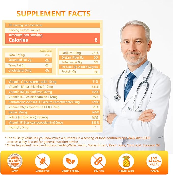 Vitamin B1 Gummies Vitamin B1 B6 B12 Complex Energy Plus Healthy Nervous System, 1 Pack