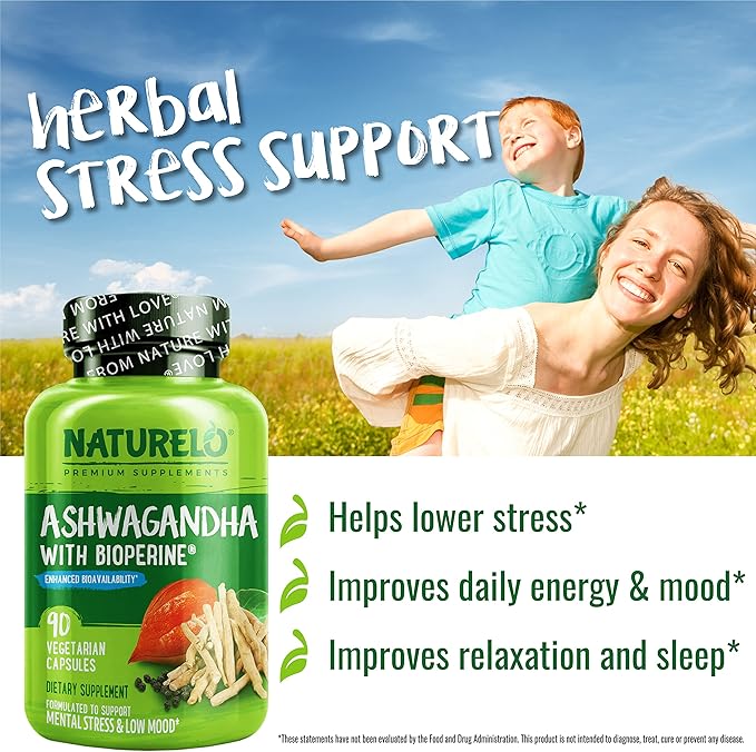 NATURELO Ashwagandha Organic Root Powder - Natural Herbs Supplement for Fatigue, Stress Relief, Mood Enhancer - with Black Pepper Extract - 90 Vegan Capsules