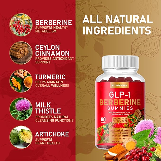 Premium Berberine HCl GLP-1 Weight Loss Gummies (1200mg) with Ceylon Cinnamon Turmeric Milk Thistle Artichoke - Sugar Free Gluten Free High Potency GLP1 Support Supplement