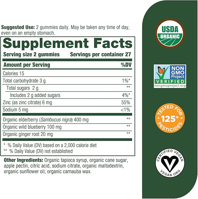 MegaFood Elderberry Immune Support Supplement - Vegan Elderberry Gummies for Adults - Made with Zinc and Real Food - Pectin-Based, Gluten-Free, USDA Organic - 54 Gummies, 27 Servings