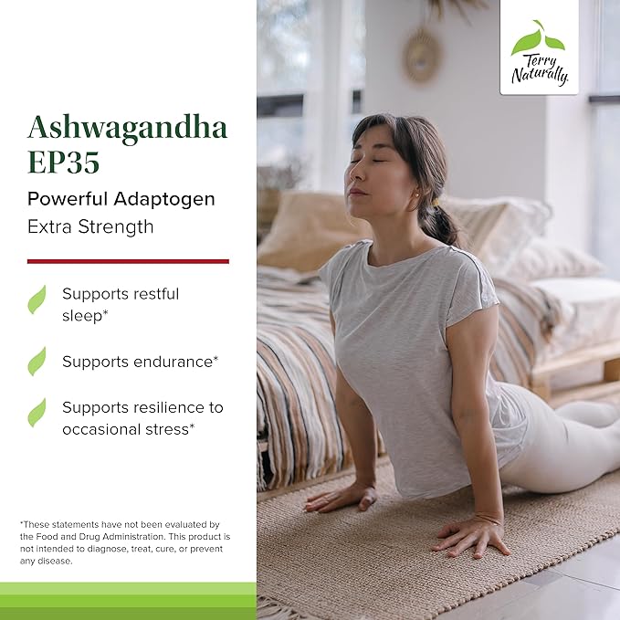 Terry Naturally Ashwagandha EP35 Extra Strength - Herbal Supplement for Sleep Support - Aid Healthy Stress Response - Endurance & Energy Support - 60 Capsules (60 Servings)