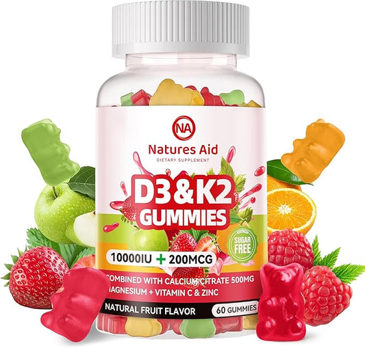 Sugar-Free Vitamin D3 K2 Gummies with Calcium + K2 (MK-7), Magnesium Citrate, Vitamin C, Extra Strength - Ultimate Absorption for Bone Muscle Teeth Immune, Vegan - 60 Gummies