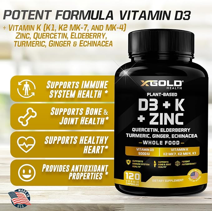 Vitamin D, K2, K1, Zinc, Quercetin, Elderberry, Turmeric, Ginger & Echinacea Whole Food Supplement 8 in 1- D3 5000 IU Plant-Based from Lichen, Vitamin K (K2 MK7, MK4, K1), D3 K2 Vitamins -120 Capsules