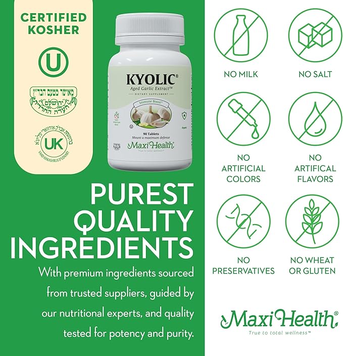 Maxi Health Kyolic Organic Garlic Supplement - Kosher Garlic Tablets with Kyolic Aged Garlic Extract for Immune Support - Vegetarian Garlic Pills (90 Count)