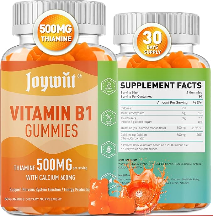 Vitamin B1 Gummies 500mg, Chewable Thiamine B1 Supplement for Adults, with 600mg Calcium Citrate, Support Nervous System, Vegan, Natural Orange Flavor