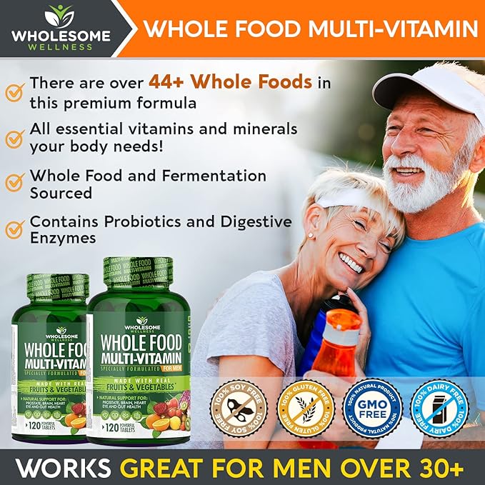 Wholesome Wellness Whole Food Multivitamin for Men - Natural Multi Vitamins, Minerals, Organic Extracts - Vegan Vegetarian - 120 Tablets