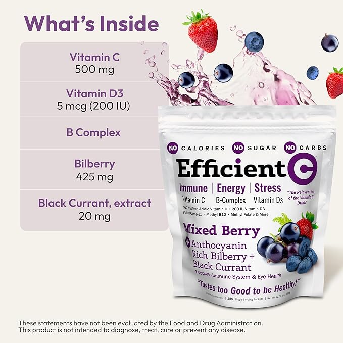ANDREW LESSMAN Efficient C Mixed Berry 90 Packets - Immune, Energy, Stress and Eye Health Support. Reinvention of The Vitamin C Drink. No Calories. No Sugar. No Carbs. Easy to Mix.