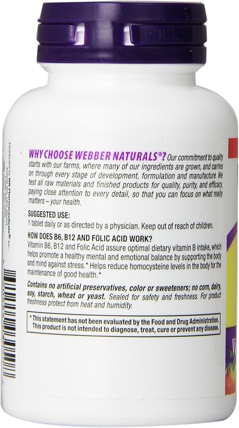 Webber Naturals Vitamin B6, B12 and Folic Acid Tablets, 90 Count