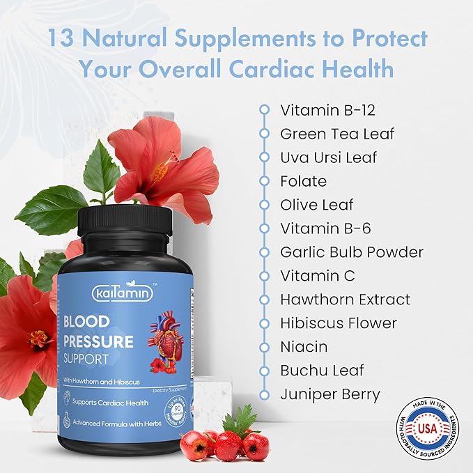 Blood Pressure Support Supplement with Garlic, Hibiscus, and Hawthorn - Supports Cardiac Health and Circulation, Healthy Heart-Supporting Herbs and Vitamins - 90 Capsules, 3 Months Supply.