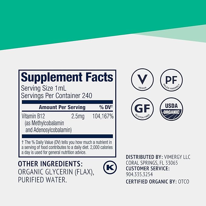 Vimergy Liquid B12 Refill – Fast-Absorbing Brain Support – Energy Support Supplement – USDA Certified Organic, Vegan, Non-GMO – 240 Servings (240 mL)
