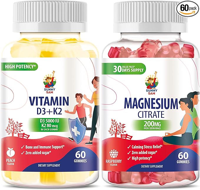 Vitamin D3 K2 Gummies 5000 IU - Immune & Bone Support & Magnesium Gummies for Kids & Adults - 200mg