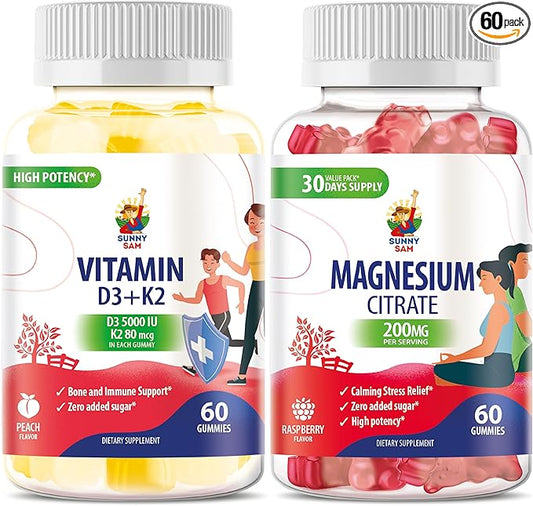 Vitamin D3 K2 Gummies 5000 IU - Immune & Bone Support & Magnesium Gummies for Kids & Adults - 200mg