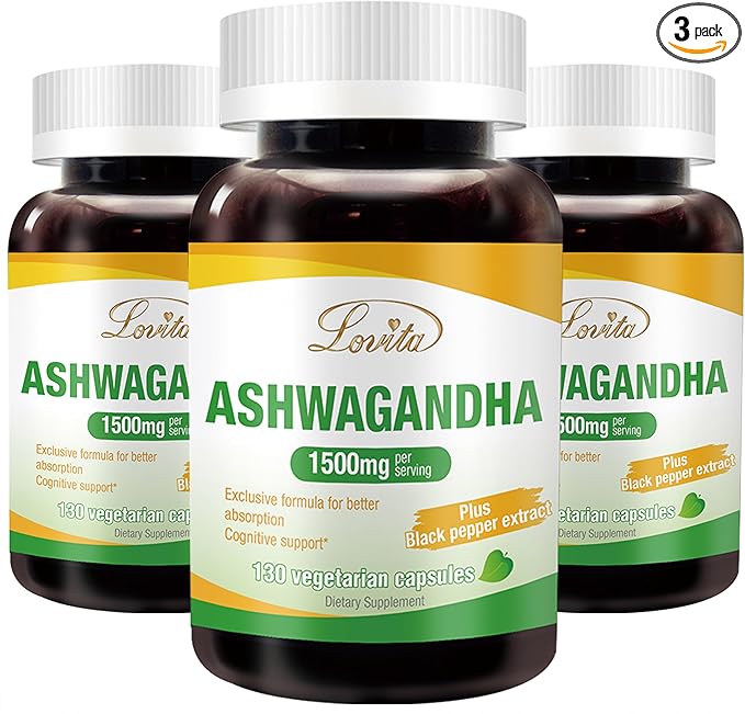 Lovita KSM-66 Ashwagandha | Highly Concentrated | 5% Withanolide | 95% Black Pepper Piperine | Stress Relief & Energy Support | Vegan, Gluten Free | 130 Capsules (Pack of 3)