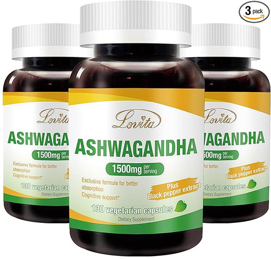Lovita KSM-66 Ashwagandha | Highly Concentrated | 5% Withanolide | 95% Black Pepper Piperine | Stress Relief & Energy Support | Vegan, Gluten Free | 130 Capsules (Pack of 3)