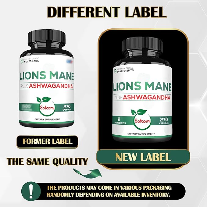 Satoomi Lions Mane Supplement Capsules with Ashwagandha Supplement - 270 Capsules - High Concentrated for Restful Mind, Brain Health, Immune System & Focus Support - Gluten-Free, Non-GMO