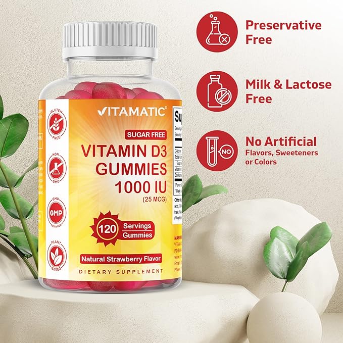 Vitamatic Sugar Free Vitamin D3-120 Pectin Based Gummies - Great Taste - Healthy Bones, Mood & Immune System Function - Non-GMO - 120 Servings (1000 IU)