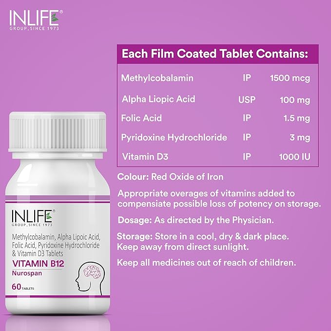 Nurospan Brain Vitamins B12 Methylcobalamin 1500mcg, ALA (Alpha Lipoic Acid), Folic Acid & Vitamin D3 for Energy | Vegetarian Brain Supplements for Memory and Focus | GMP Tested - (60 Count)