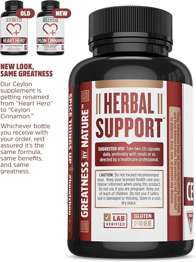 Zhou Ceylon Cinnamon | Supports Heart Health and Joint Mobility | True Cinnamon Native to Sri Lanka | 30 Servings, 60 CT