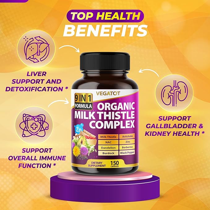 VEGATOT Organic Milk Thistle Complex 9 in 1 Formula - with Milk Thistle Artichoke NAC Zinc Dandelion Berberine Burdock Black Pepper (150 Count (Pack of 1))