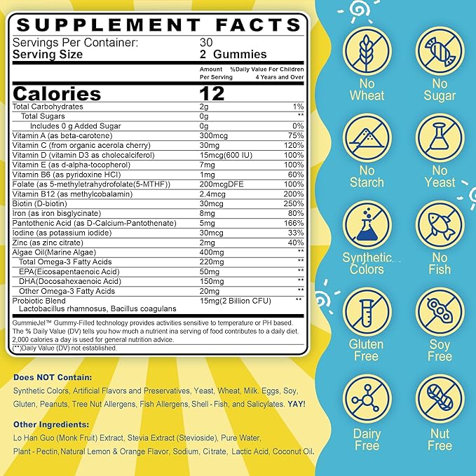 Sugar Free Kids Multivitamin Gummies with Iron, Probiotics, Vegan Omega 3 (EPA/DHA), Kids Daily Vitamins A, C, D, B Complex, Zinc for Healthy Growth, Immune, Brain, Bone, Orange Flavor, 60 Counts