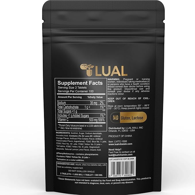 LUAL Vitamin C Chewable Tablets Dietary Supplement, Tropical Fruit, 1000 mg, 200 Count