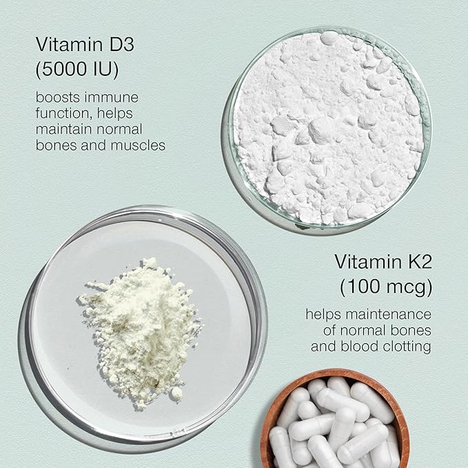 Vitamin D3 K2 Capsules - Vitamin D3 5000 IU and Vitamin K MK7 100mcg - 60 Capsules - USA Made Vegetarian Vitamin D Supplement - High Strength VIT D for Bones, Muscle, Teeth, Immune System