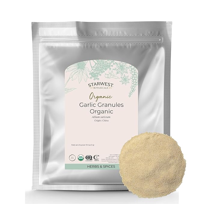 Starwest Botanicals Dried Organic Garlic Granules - Granulated Garlic Seasoning for Cooking, Herb for Rubs, Bread, Vegetables, & Meat, Aromatic & Flavorful, Certified Kosher, Non-GMO - Bulk 1 lb Bag