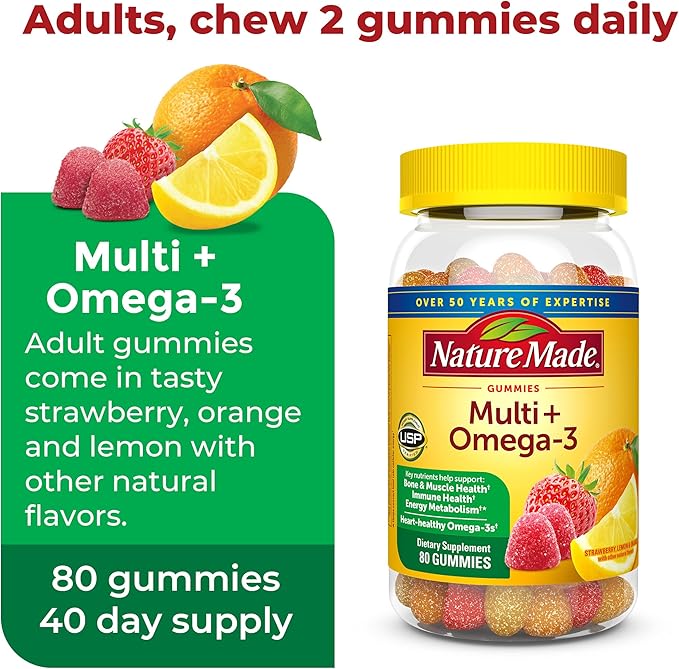Nature Made Adult & Kids Multivitamin Gummies Combo Pack, Multis with Vitamin C, Vitamin D3, B Vitamins, Zinc, Omega 3 Fish Oil & More, Two Multivitamin Bottles for Whole Family