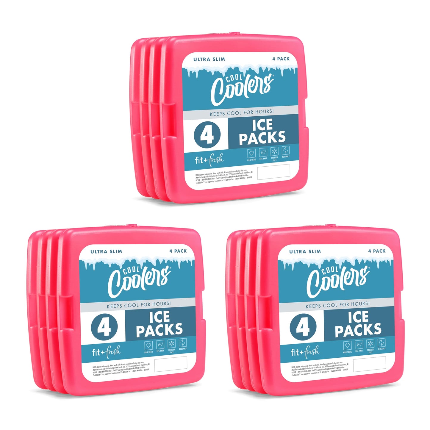 Cool Coolers by Fit + Fresh, Reusable & Long-Lasting Slim Ice Packs, Cold Packs for Cooler, Flat ice Packs for Lunch Bags. Cooler Accessories for Lunchboxes, Camping, Beach, Lunch, & Work, 12PK, Pink