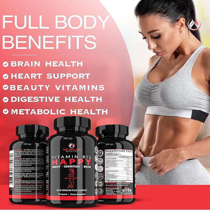 THE ENCLARE NUTRITION Vitamin B12 - B Complex Vitamins Supplement-Energy Metabolism, Nervous System Support, Brain, Heart, Tissue Health with Vitamin C & B(1,2, 3,5,6,7,8,9,12) Vegan Max Strength (3)
