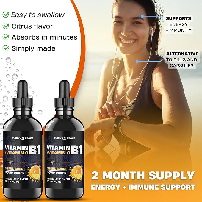 Vitamin B1 + Vitamin C Liquid Drops - Energy & Immune Support Supplement - 2 fl oz (60 ml) Pack of 2 - Fast Absorption, Easy-to-Use