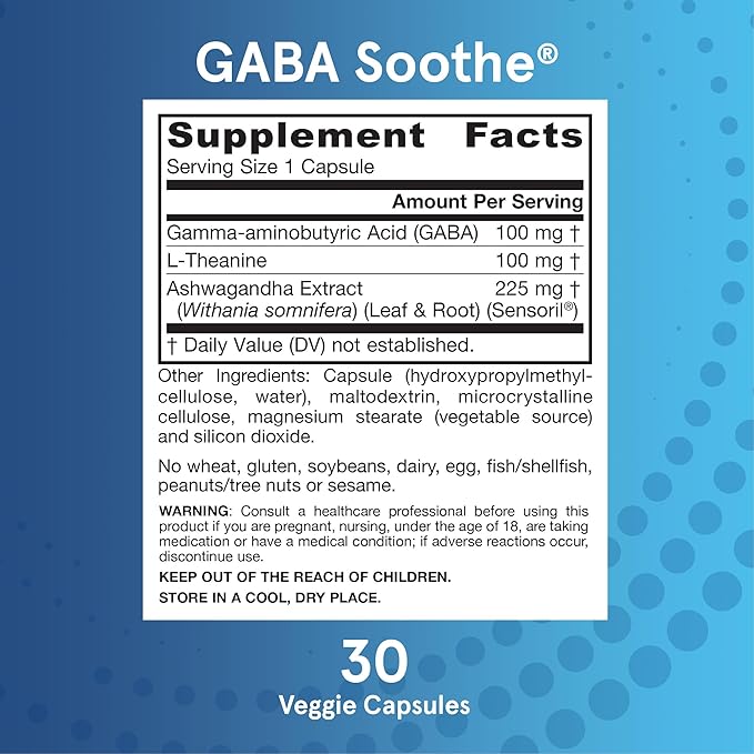 Jarrow Formulas® GABA Soothe®, 3 Ingredient Dietary Supplement for Relaxation and Occasional Stress, 30 Veggie Capsules, 30 Day Supply