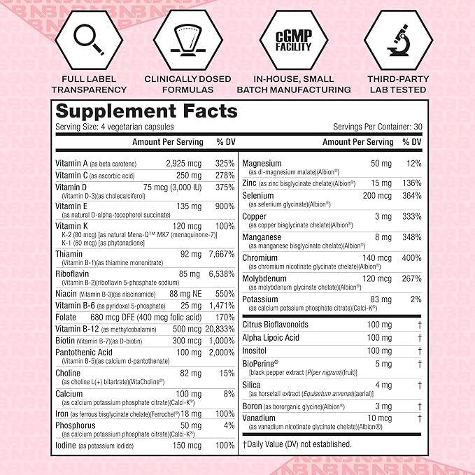 NutraBio Multisport for Women - Womens MultiVitamin - 33 Vitamins, Minerals, Micronutrients - Rich in Antioxidants - Supports Peak Athletic Performance, Energy, Metabolism (120 Vegetable Capsules)