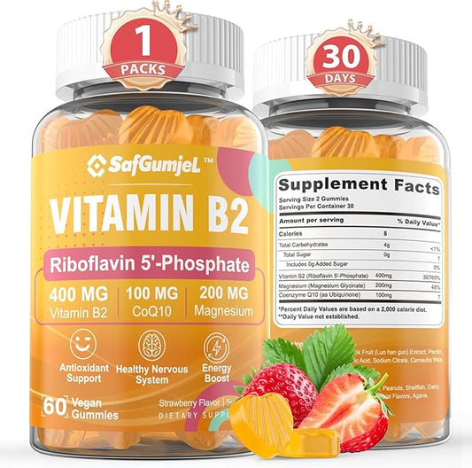Vitamin B2 Gummies, Bioactive Form Riboflavin 400mg with Magnesium & CoQ10 for Energy & Nervous System Support, Sugar Free B2 Vitamin VIT B, Vegan, 60 Cts